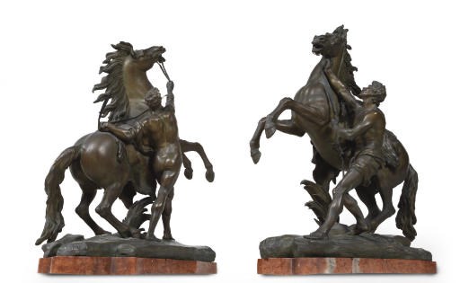 A PAIR OF BRONZE GROUPS OF THE MARLY HORSES