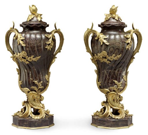 A PAIR OF FRENCH ORMOLU AND MARBLE VASES AND COVERS