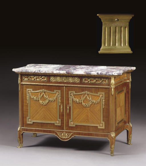 A FRENCH ORMOLU-MOUNTED MAHOGANY, TULIPWOOD AND PARQUETRY COMMODE A VANTAUX