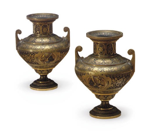 A PAIR OF SPANISH GOLD-DAMASCENED FORGED-IRON VASES