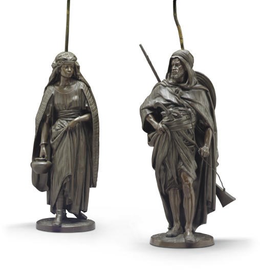 A PAIR OF FRENCH BRONZE FIGURES ENTITLED 'LA PORTEUSE' AND 'LE GUERRIER ARABE', MOUNTED AS LAMPS