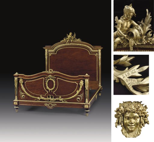 A FRENCH ORMOLU-MOUNTED PLUM-PUDDING MAHOGANY BED