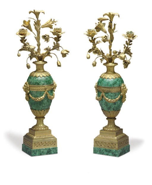 A PAIR OF FRENCH ORMOLU AND MALACHITE THREE-LIGHT CANDELABRA