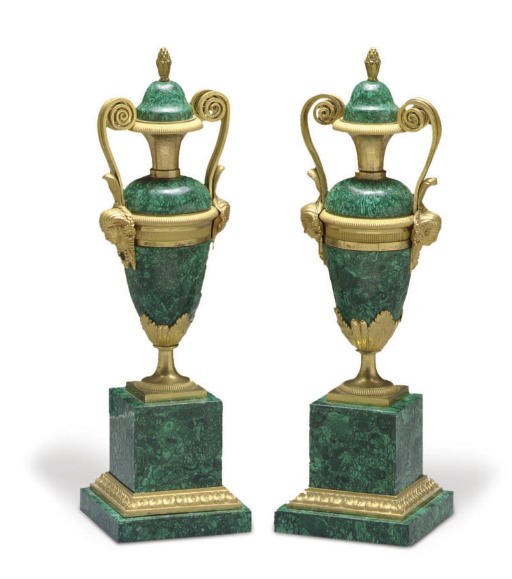 A PAIR OF FRENCH ORMOLU AND MALACHITE VASES AND COVERS