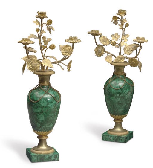 A PAIR OF FRENCH ORMOLU AND MALACHITE THREE-LIGHT CANDELABRA
