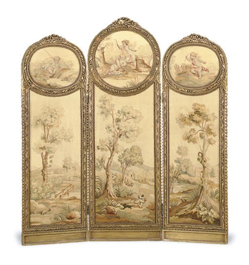 A FRENCH GILTWOOD AND AUBUSSON THREE-PANEL SCREEN
