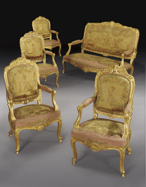 A FRENCH GILTWOOD AND AUBUSSON FIVE-PIECE SALON SUITE