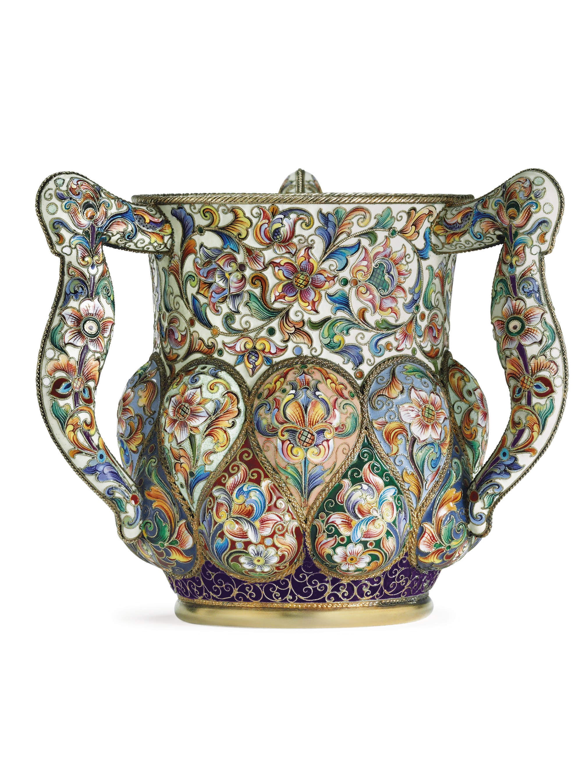 A Silver-Gilt and Cloisonné Enamel Three-Handled Cup