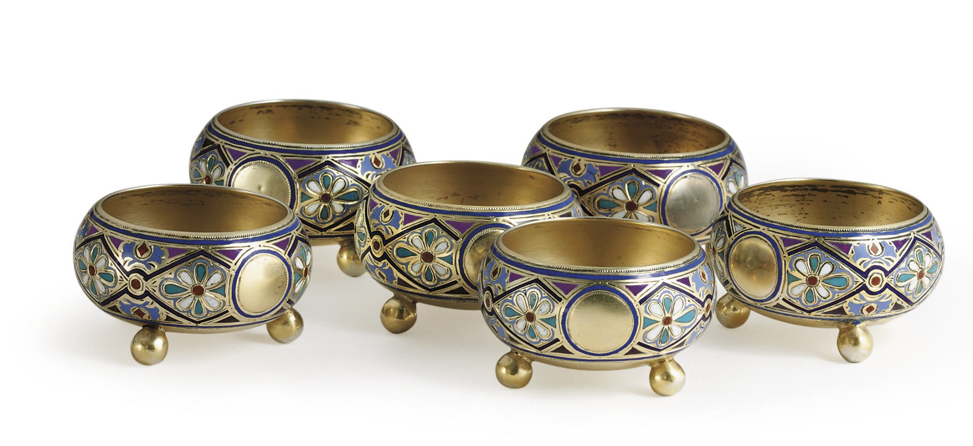 A Set of Six Silver-Gilt and Champlevé Enamel Salt Cellars