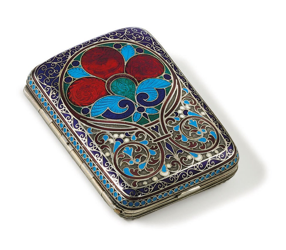 A Silver-Gilt Guilloché and Cloisonné Enamel Vanity Case