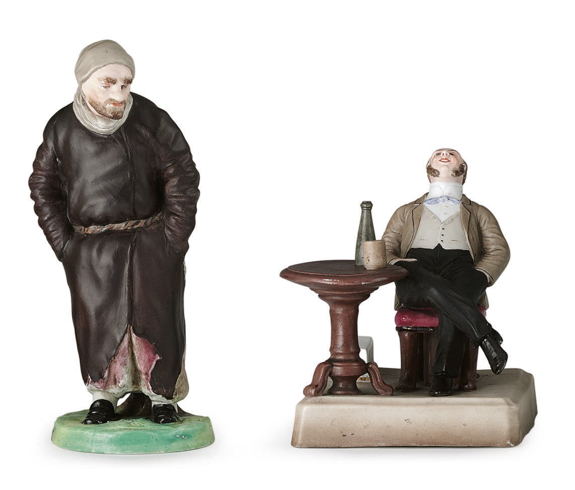 A Porcelain Figure of Pliushkin and Group of Chichikov from Gogol's 'Dead Souls'