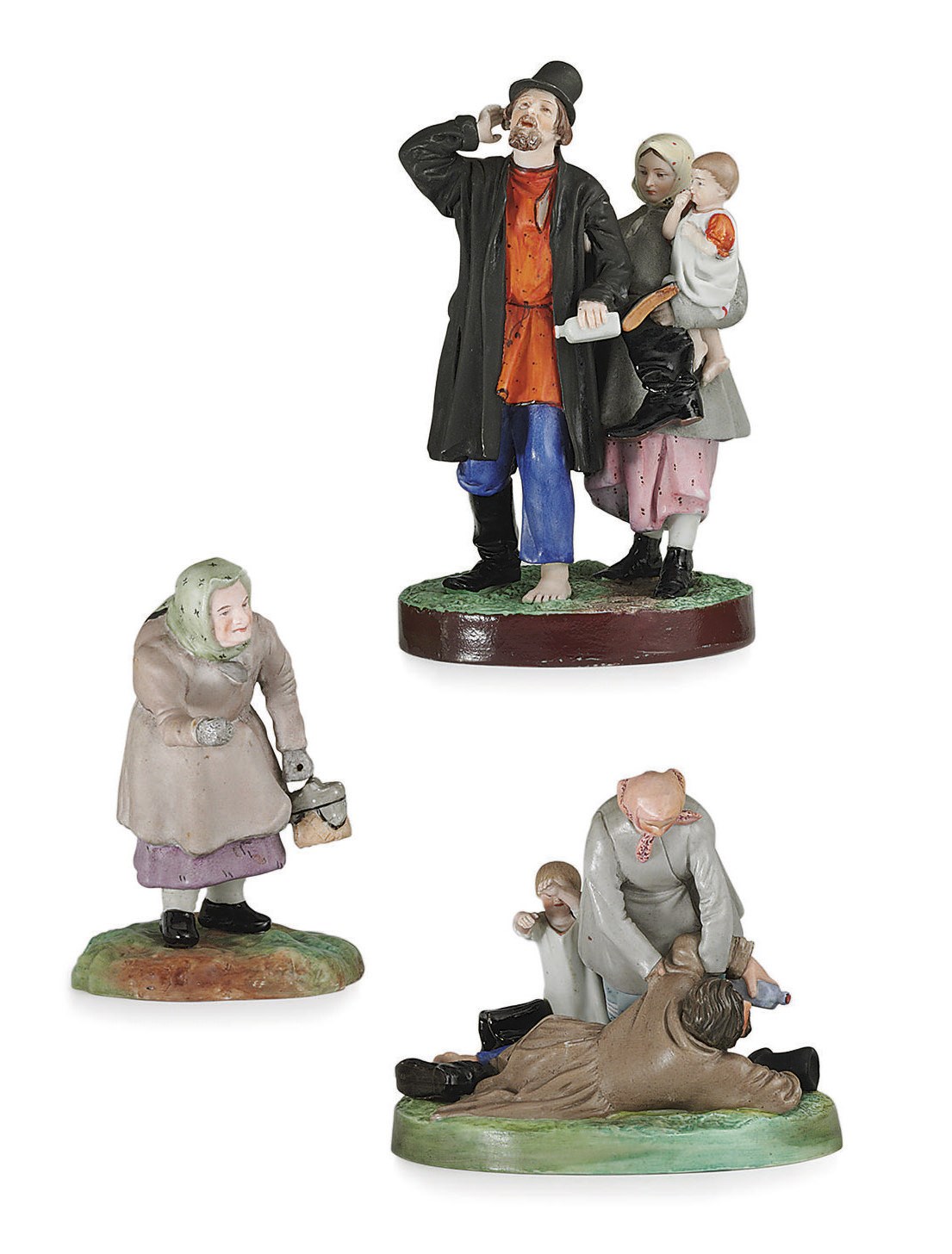 A Porcelain Group of a Woman with Drunk Husband and Two Other Groups