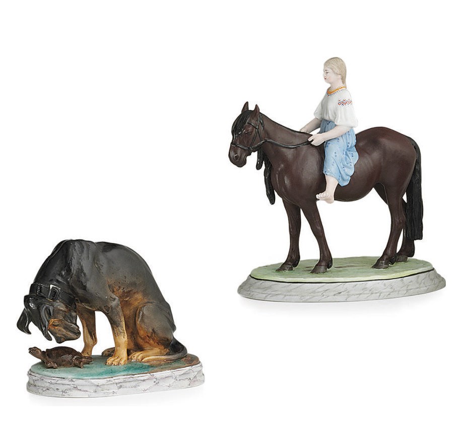 A Porcelain Group of Peasant Girl on Horseback and a Group of a Dog and Turtle