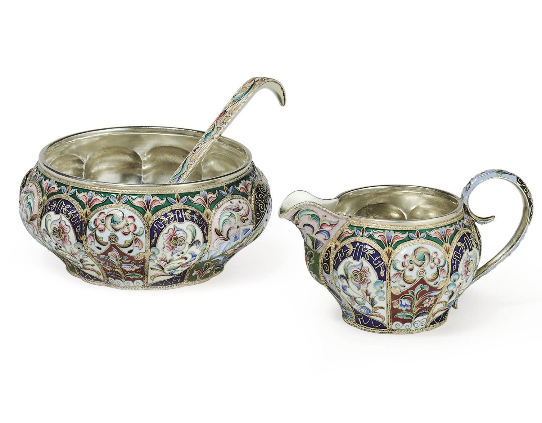 A Silver and Cloisonné Enamel Cream Jug and Bowl with Spoon