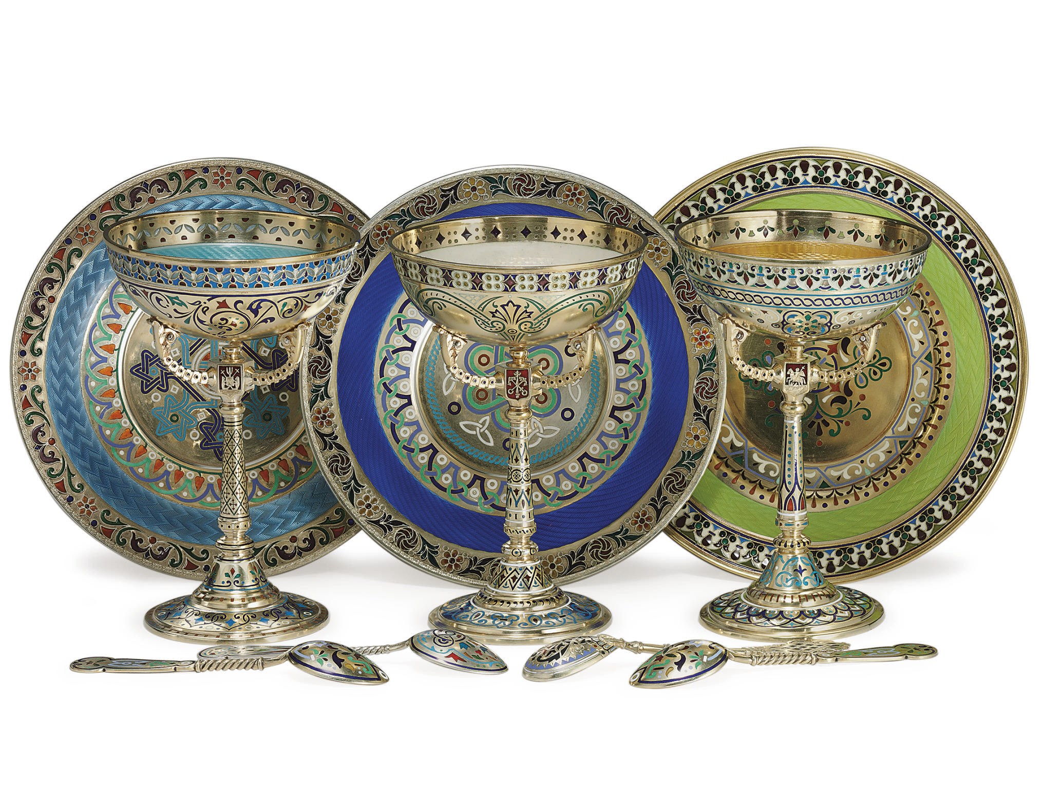 Three Silver-Gilt Plique-à-Jour, Guilloché and Champlevé Enamel Sherbet Cups and Stands