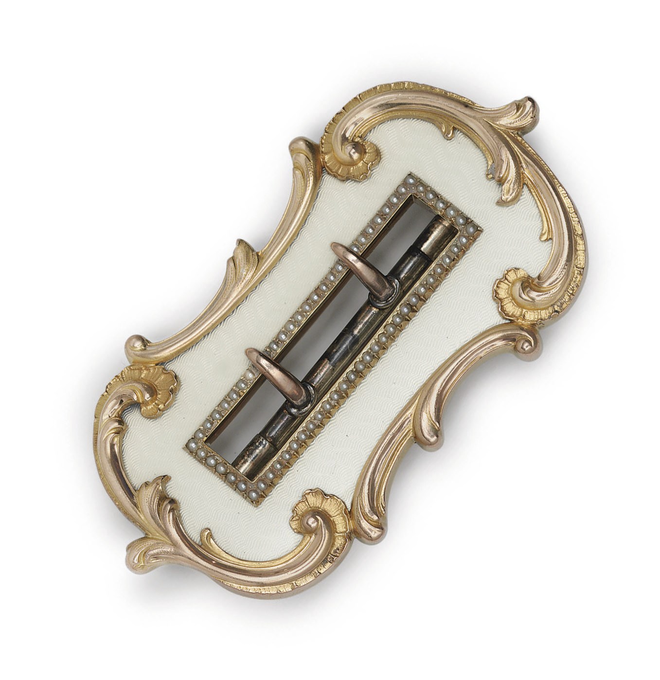A Gold-Mounted Guilloché Enameled Silver Belt Buckle