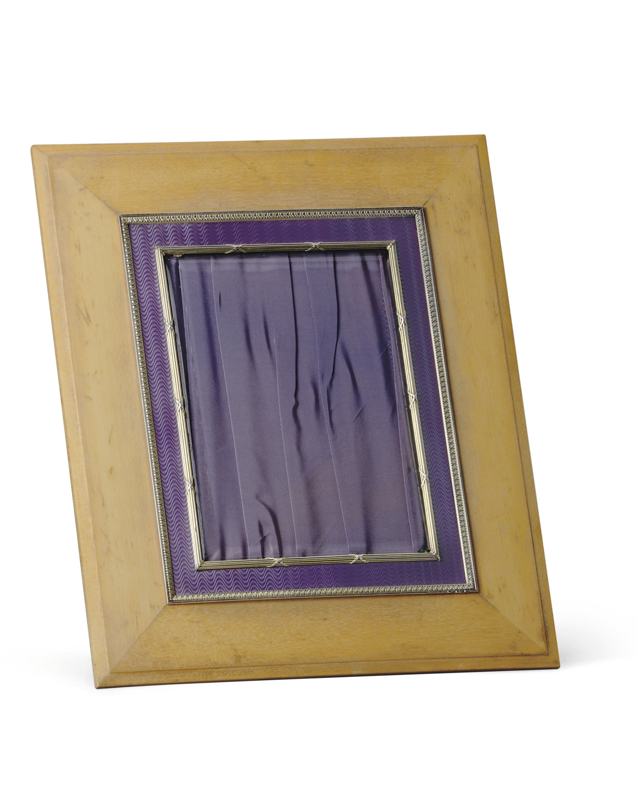 A Silver-Mounted Guilloché Enamel Wood Photograph Frame