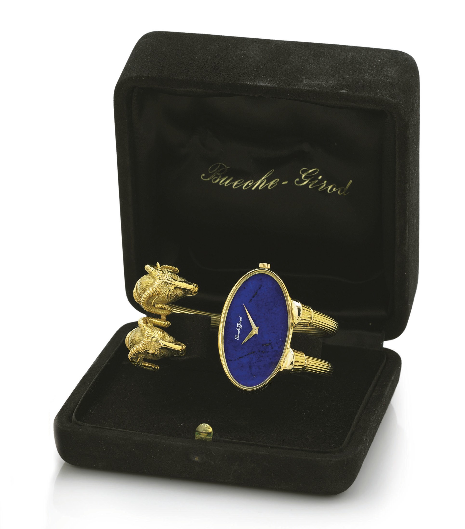 BUECHE GIROD. A FINE AND RARE 18K GOLD AND LAPIS LAZULI OVAL BANGLE BRACELET WATCH
