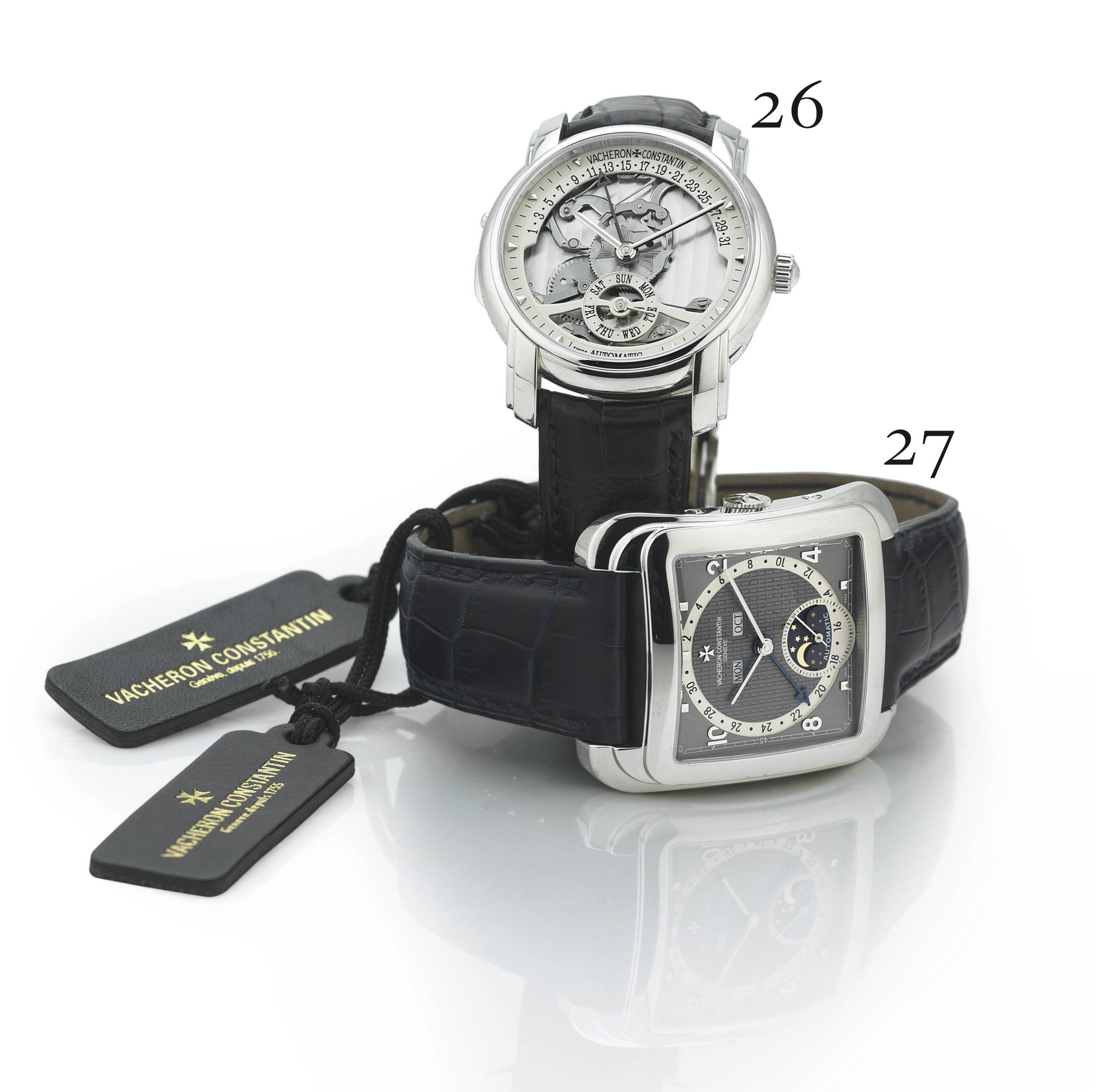 VACHERON CONSTANTIN. A FINE LIMITED EDITION OVERSIZED PLATINUM SQUARE AUTOMATIC TRIPLE CALENDAR WRISTWATCH WITH MOON PHASES