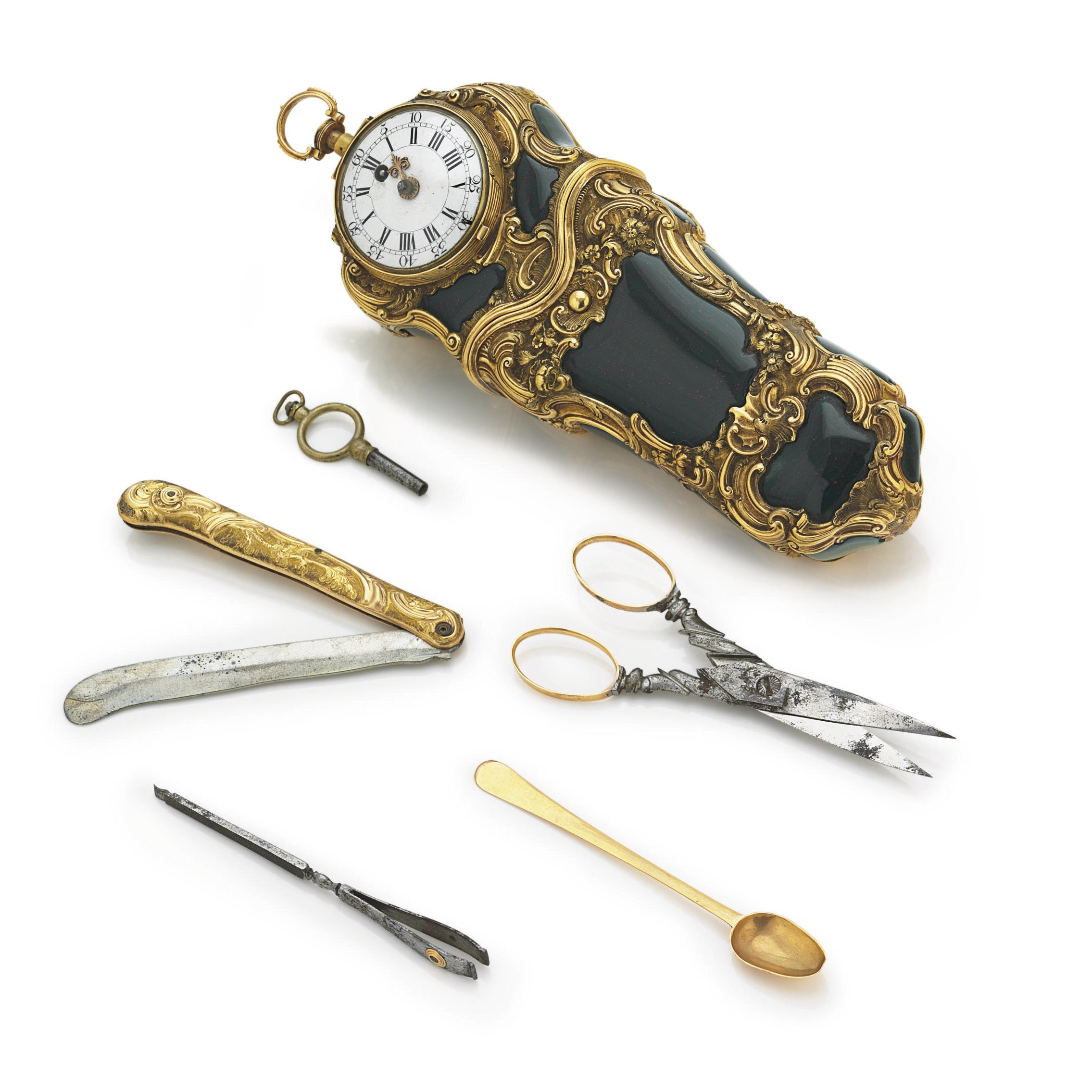 JOHN PYKE. A FINE AND RARE 18K GOLD AND AGATE TRAVEL NECESSAIRE SET FITTED WITH AN OPENFACE REPEATING VERGE WATCH