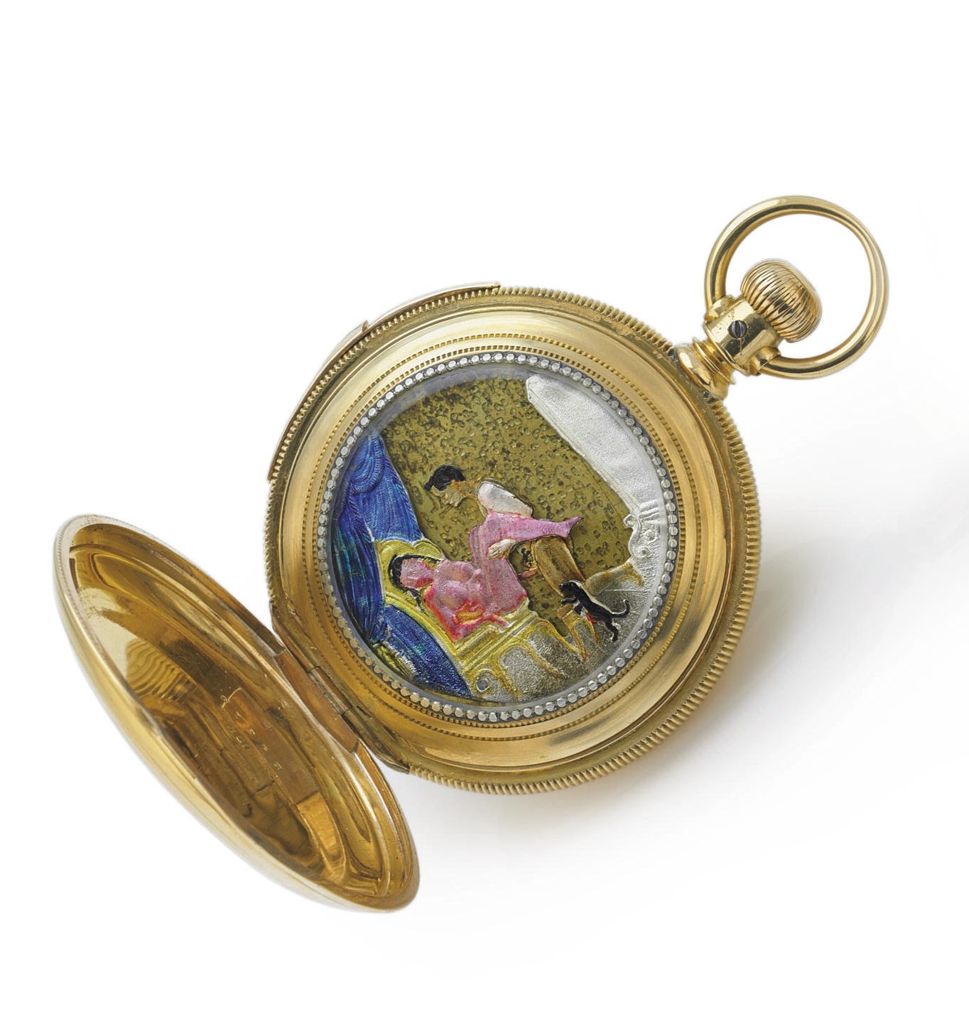 SWISS. A RARE 18K GOLD MINUTE REPEATING KEYLESS LEVER POCKET WATCH WITH EROTIC AUTOMATON