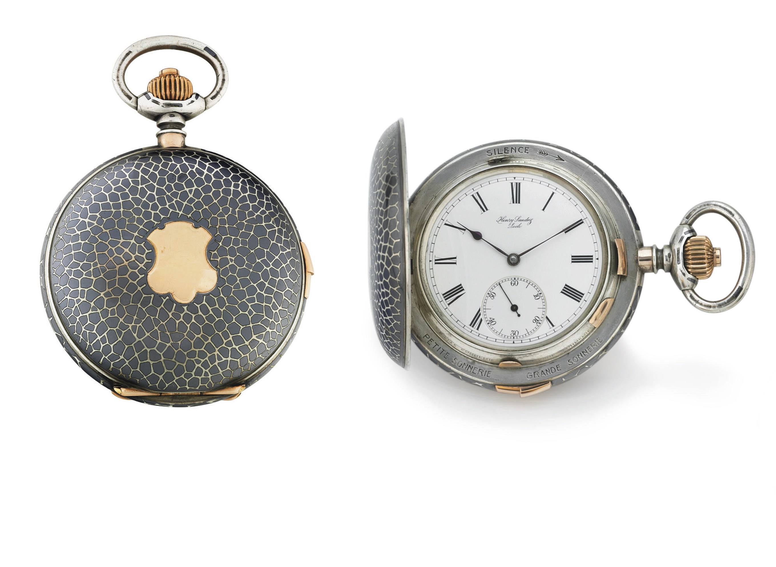 HENRY SANDOZ. A RARE NIELLO SILVER AND PINK GOLD HUNTER CASE TWO-TRAIN MINUTE REPEATING KEYLESS LEVER POCKET WATCH WITH GRANDE AND PETITE SONNERIE