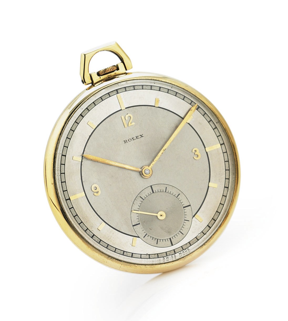 ROLEX.  A FINE AND RARE 18K GOLD KEYLESS LEVER POCKET CHRONOMETER WITH TWO-TONE DIAL