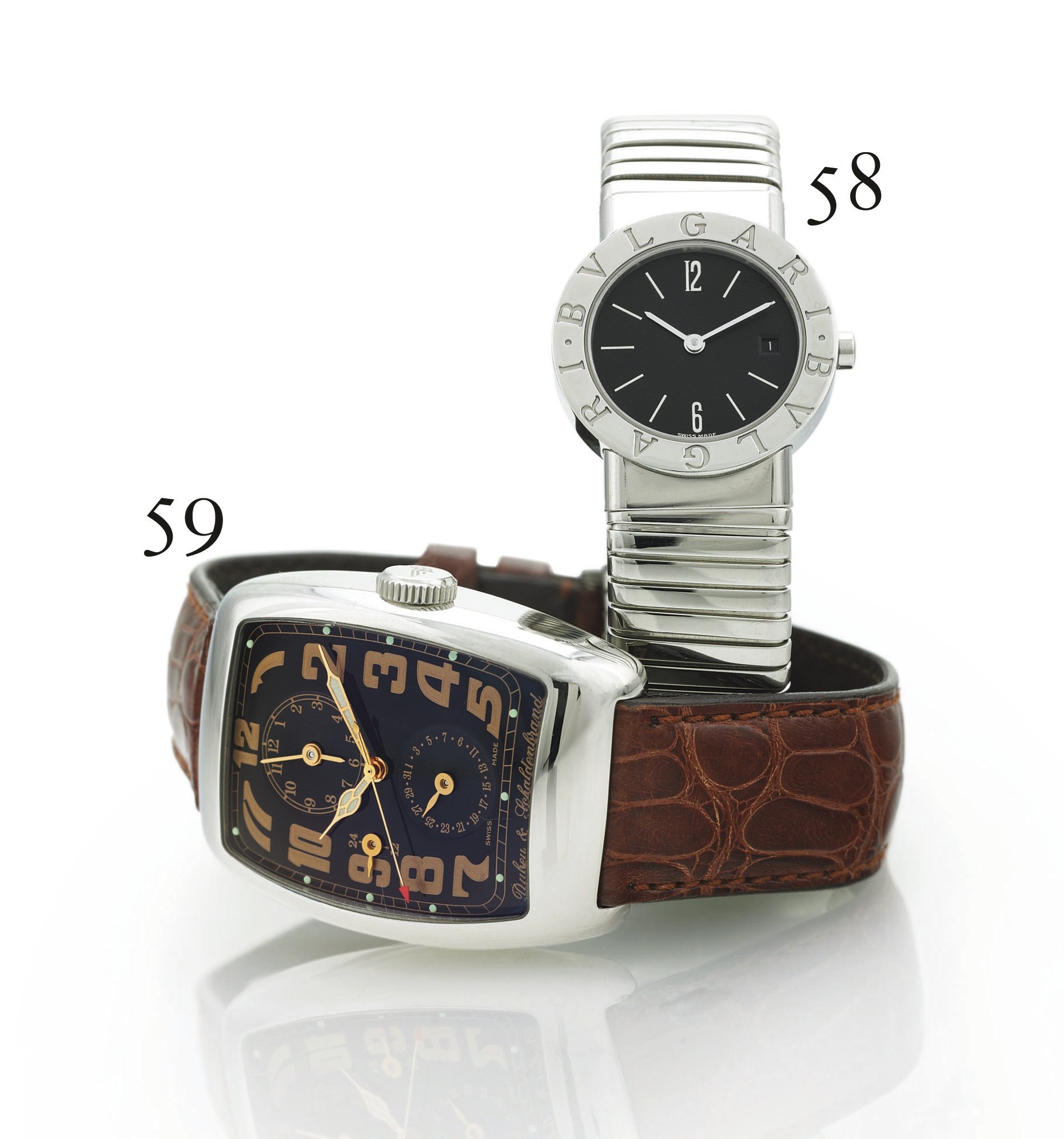 DUBEY & SCHALDENBRAND. A STAINLESS STEEL TONNEAU AUTOMATIC DUAL TIME WRISTWATCH WITH DATE