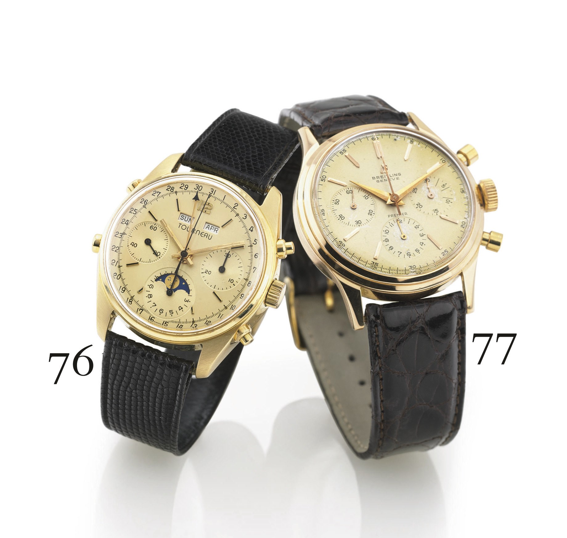 TOURNEAU. AN 18K GOLD TRIPLE CALENDAR CHRONOGRAPH WRISTWATCH WITH MOON PHASES