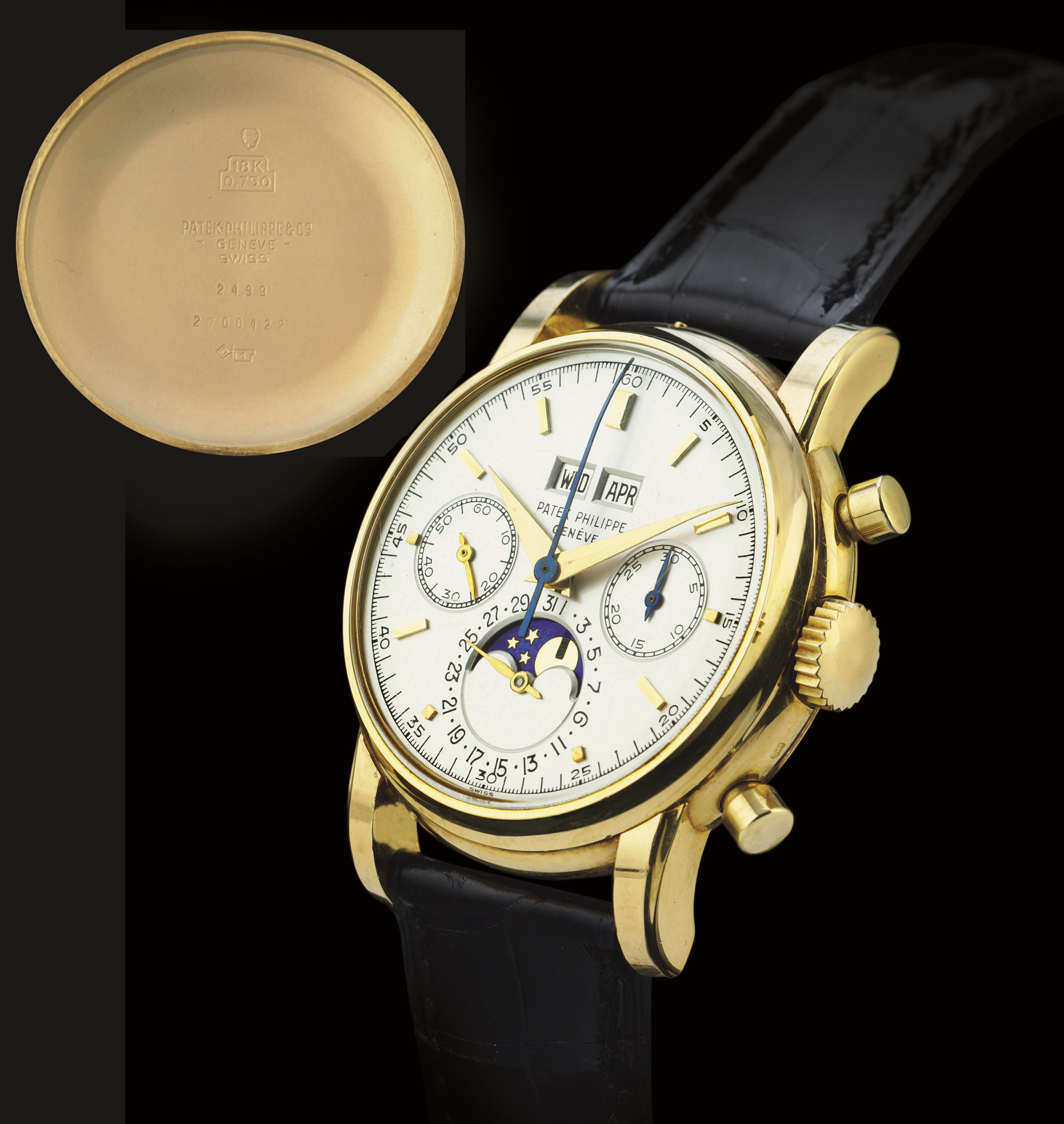PATEK PHILIPPE. A FINE AND RARE 18K GOLD PERPETUAL CALENDAR CHRONOGRAPH WRISTWATCH WITH MOON PHASES