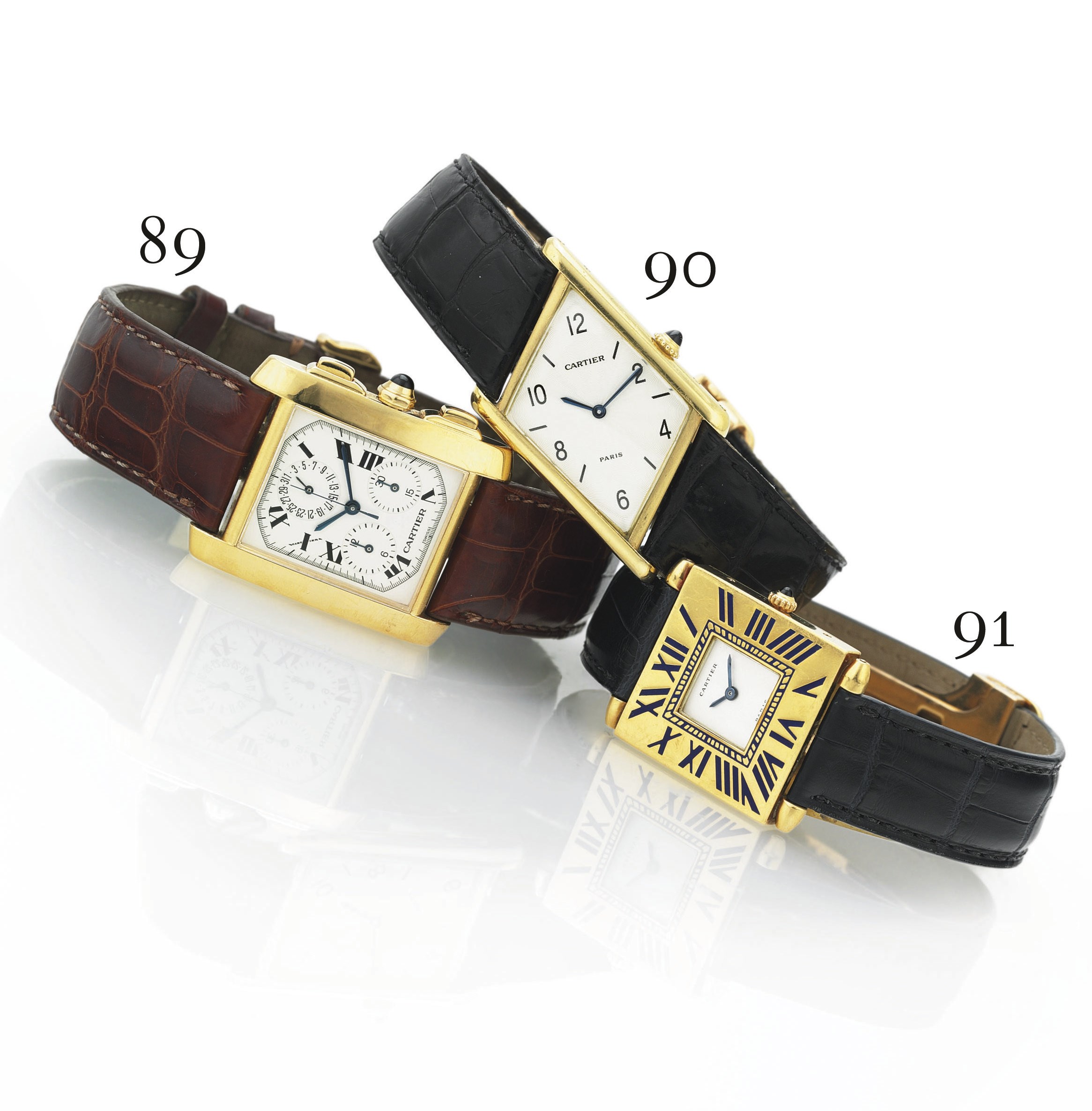 CARTIER. AN 18K GOLD AND ENAMEL SQUARE WRISTWATCH