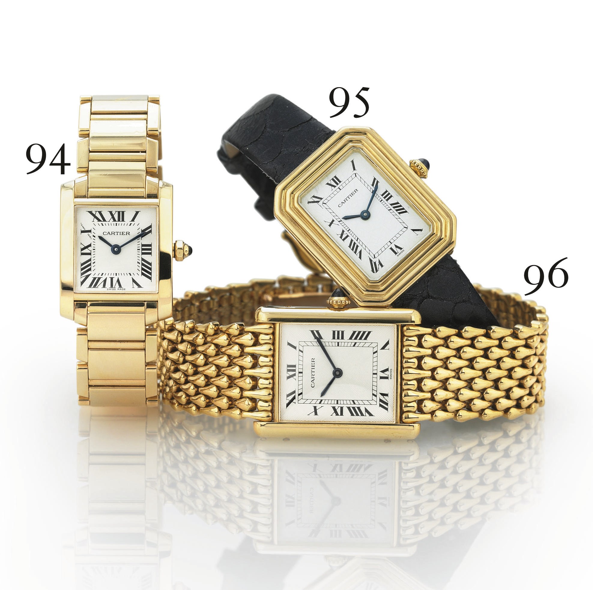 CARTIER. AN 18K GOLD RECANTULAR WRISTWATCH WITH BRACELET