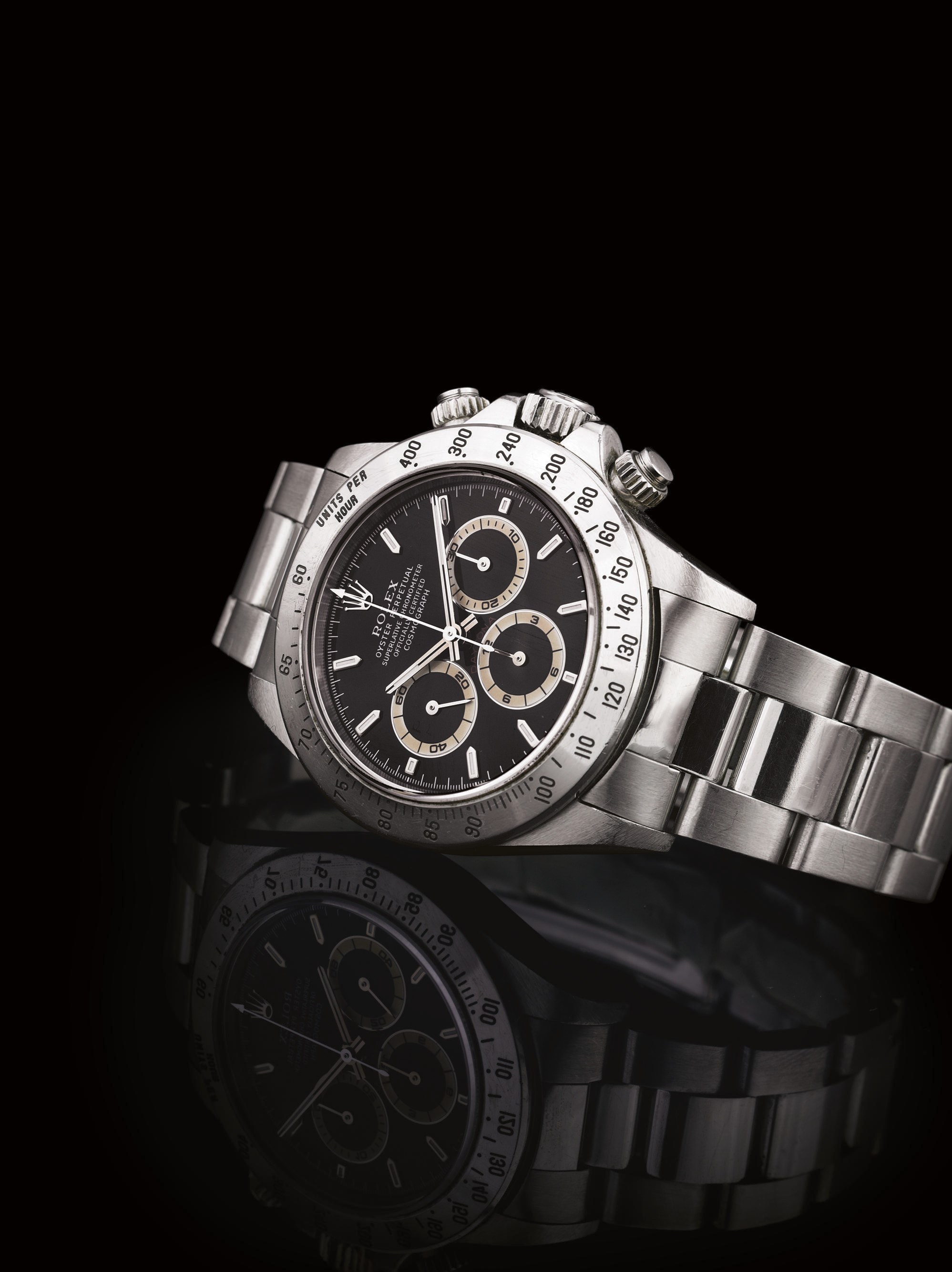 ROLEX. A RARE STAINLESS STEEL AUTOMATIC CHRONOGRAPH WRISTWATCH WITH BRACELET WITH LIGHT BROWN SUDSIDIARY DIALS