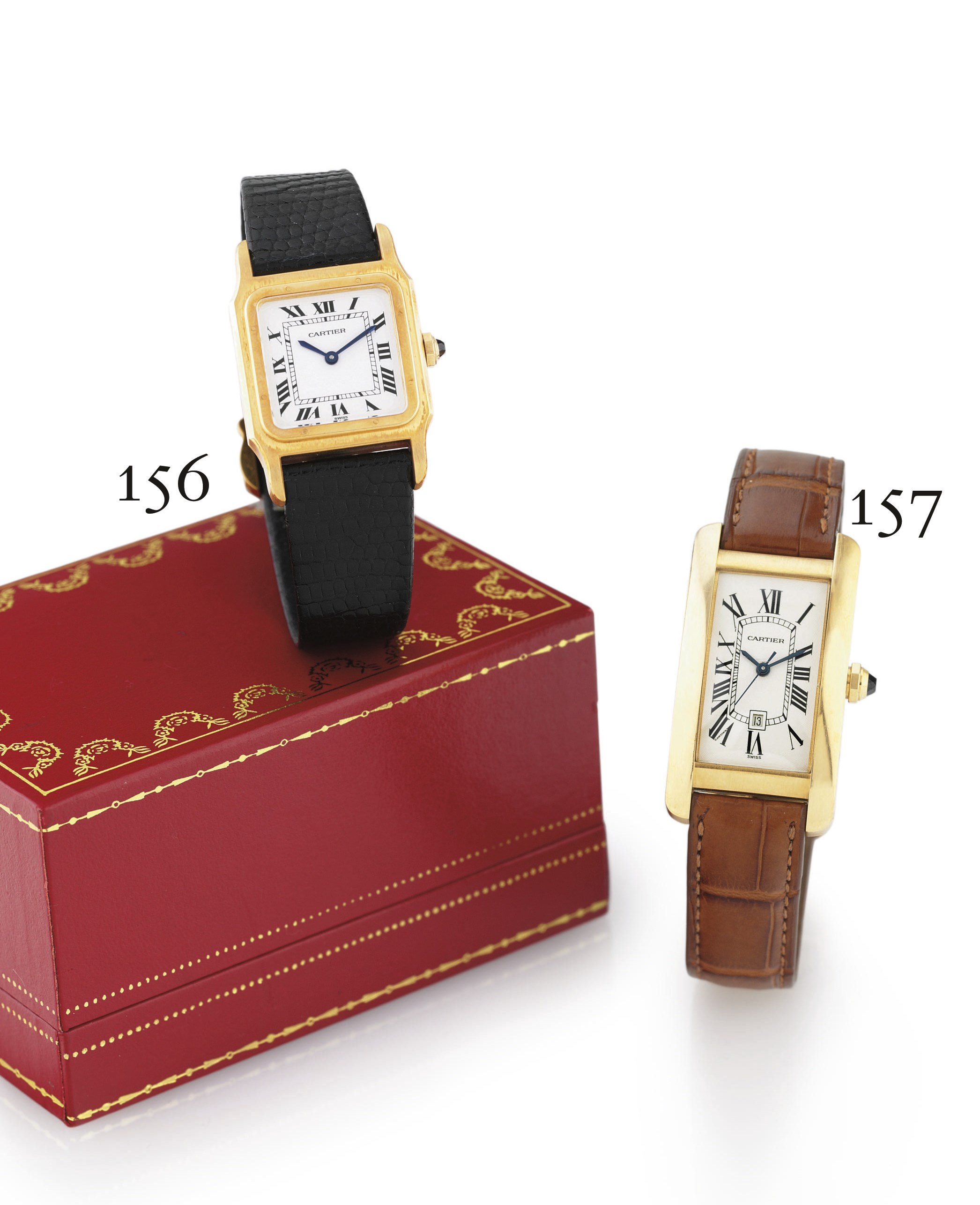 CARTIER. AN 18K GOLD RECTANGULAR AUTOMATIC WRISTWATCH WITH CENTER SECONDS AND DATE