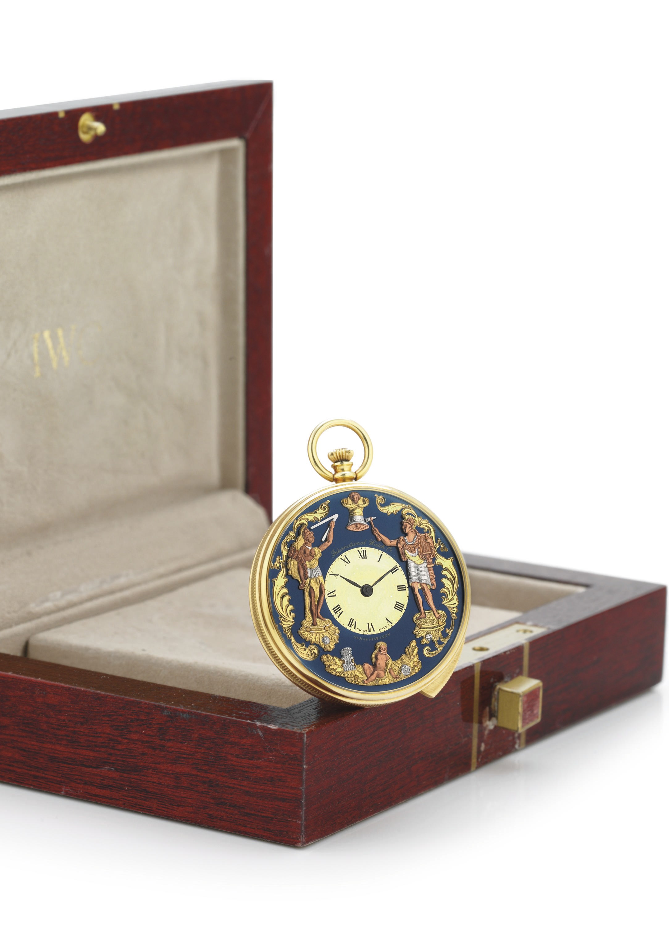 IWC. A FINE 18K GOLD OPENFACE FIVE MINUTE REPEATING KEYLESS LEVER AUTOMATON POCKET WATCH