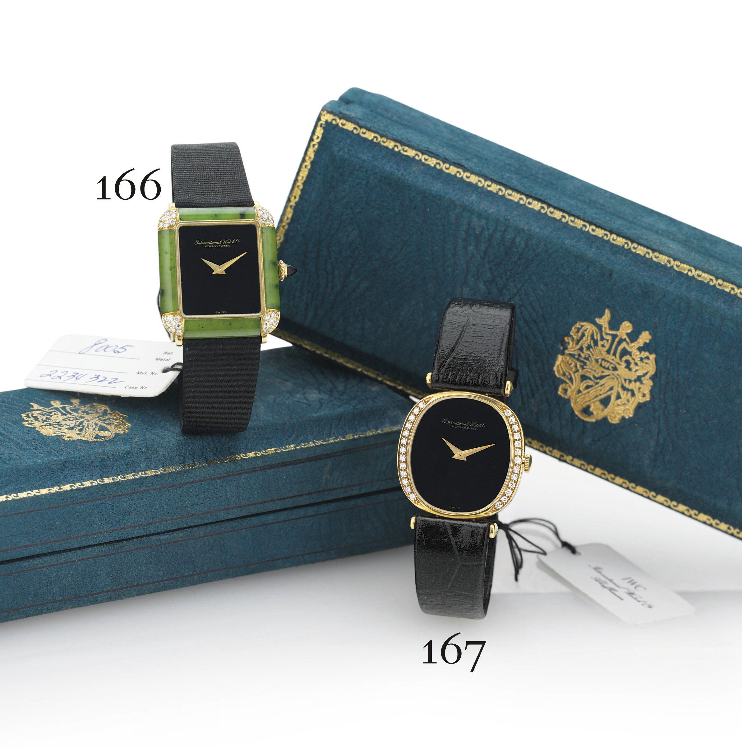 IWC. A FINE LADY'S 18K GOLD, DIAMOND AND ONYX CUSHION WRISTWATCH