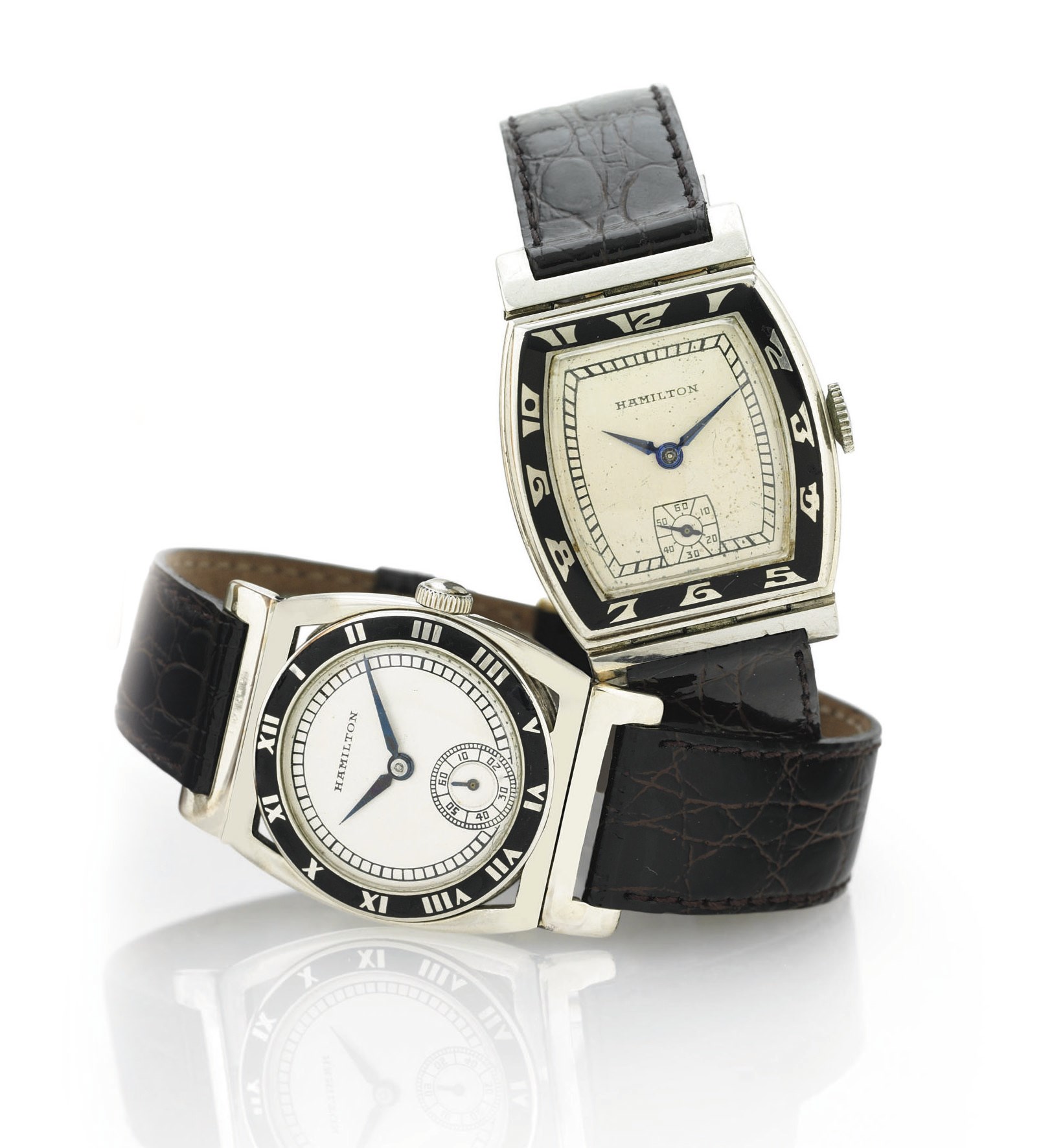 HAMILTON.  A GROUP OF TWO RARE 14K WHITE GOLD AND ENAMEL WRISTWATCHES