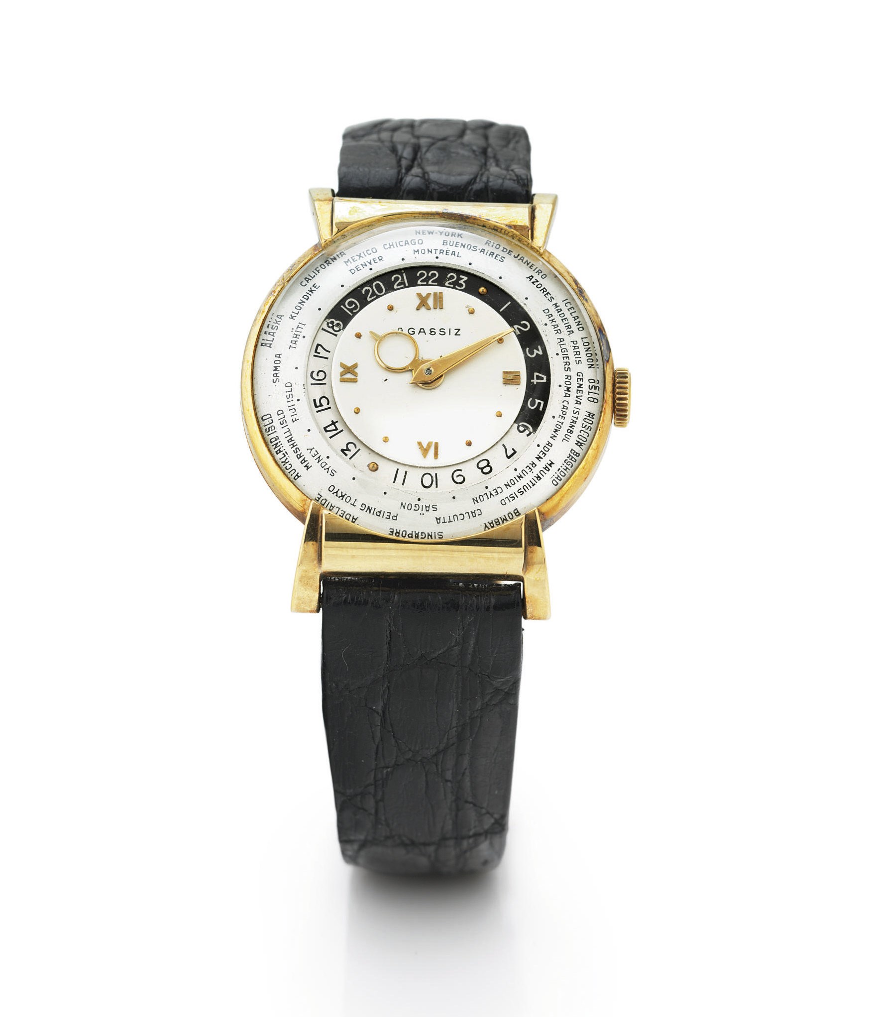 AGASSIZ. A FINE AND RARE 14K GOLD WORLD TIME WRISTWATCH