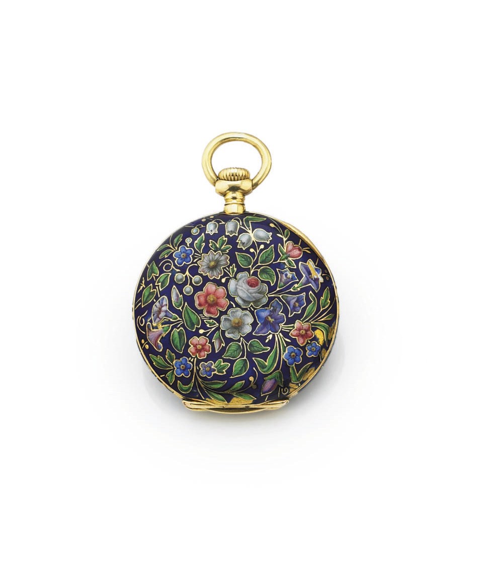 PATEK PHILIPPE.  AN 18K GOLD AND ENAMEL OPENFACE KEYLESS LEVER PENDANT WATCH