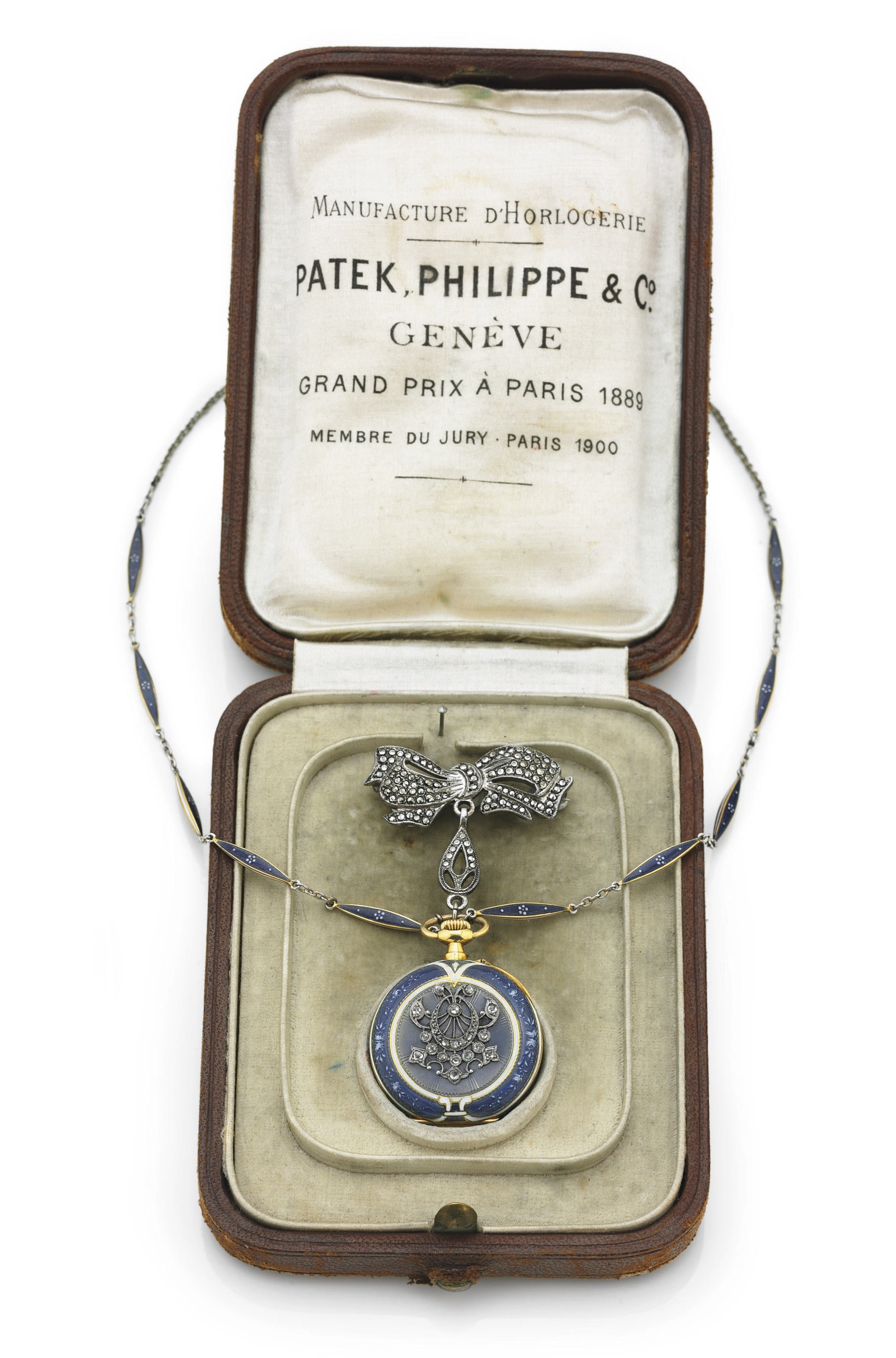 PATEK PHILIPPE. A LADY'S RARE 18K GOLD, PLATINUM, DIAMOND AND ENAMEL KEYLESS LEVER PENDANT WATCH WITH CHAIN