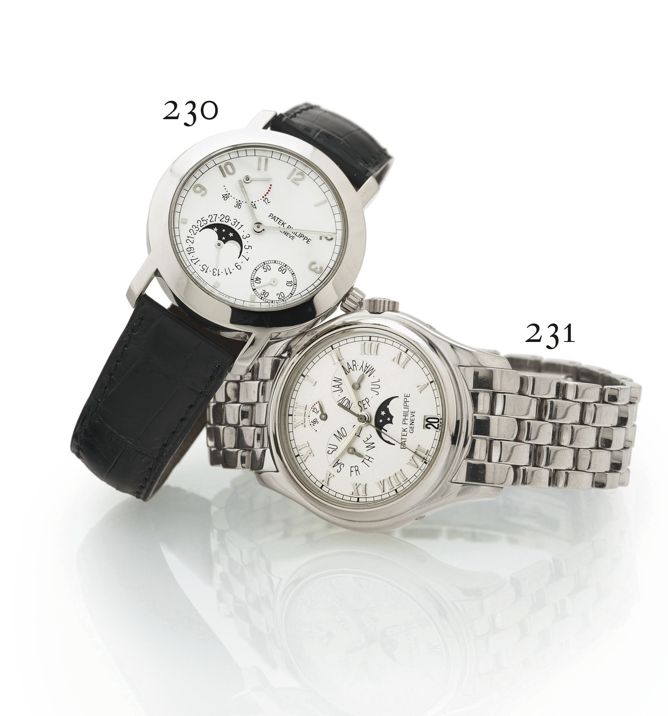 PATEK PHILIPPE. AN 18K WHITE GOLD AUTOMATIC ANNUAL CALENDAR WRISTWATCH WITH CENTER SECONDS, POWER RESERVE, MOON PHASES AND BRACELET