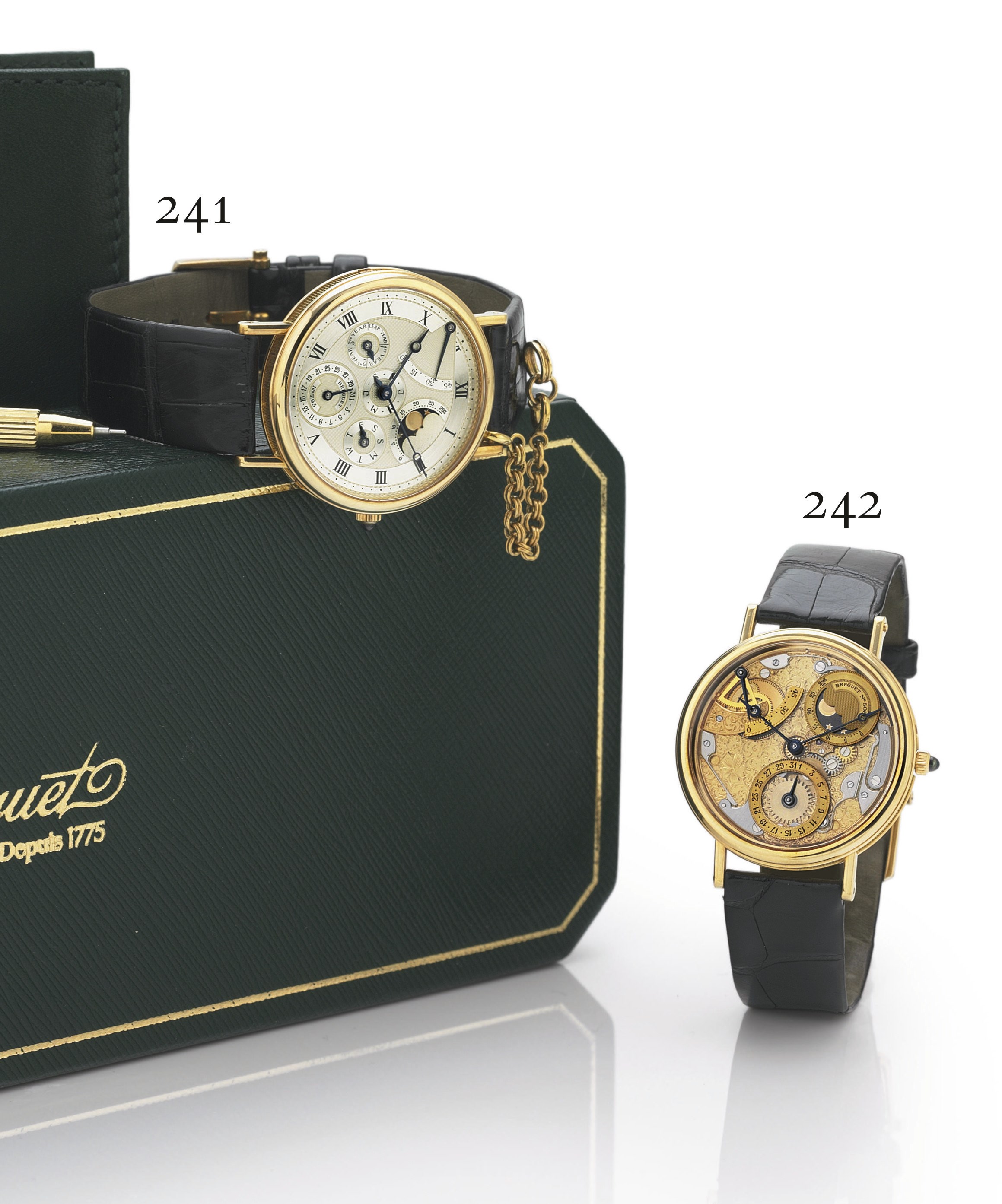 BREGUET. A FINE AND RARE 18K GOLD AUTOMATIC PERPETUAL CALENDAR WRISTWATCH WITH POWER RESERVE AND MOON PHASES