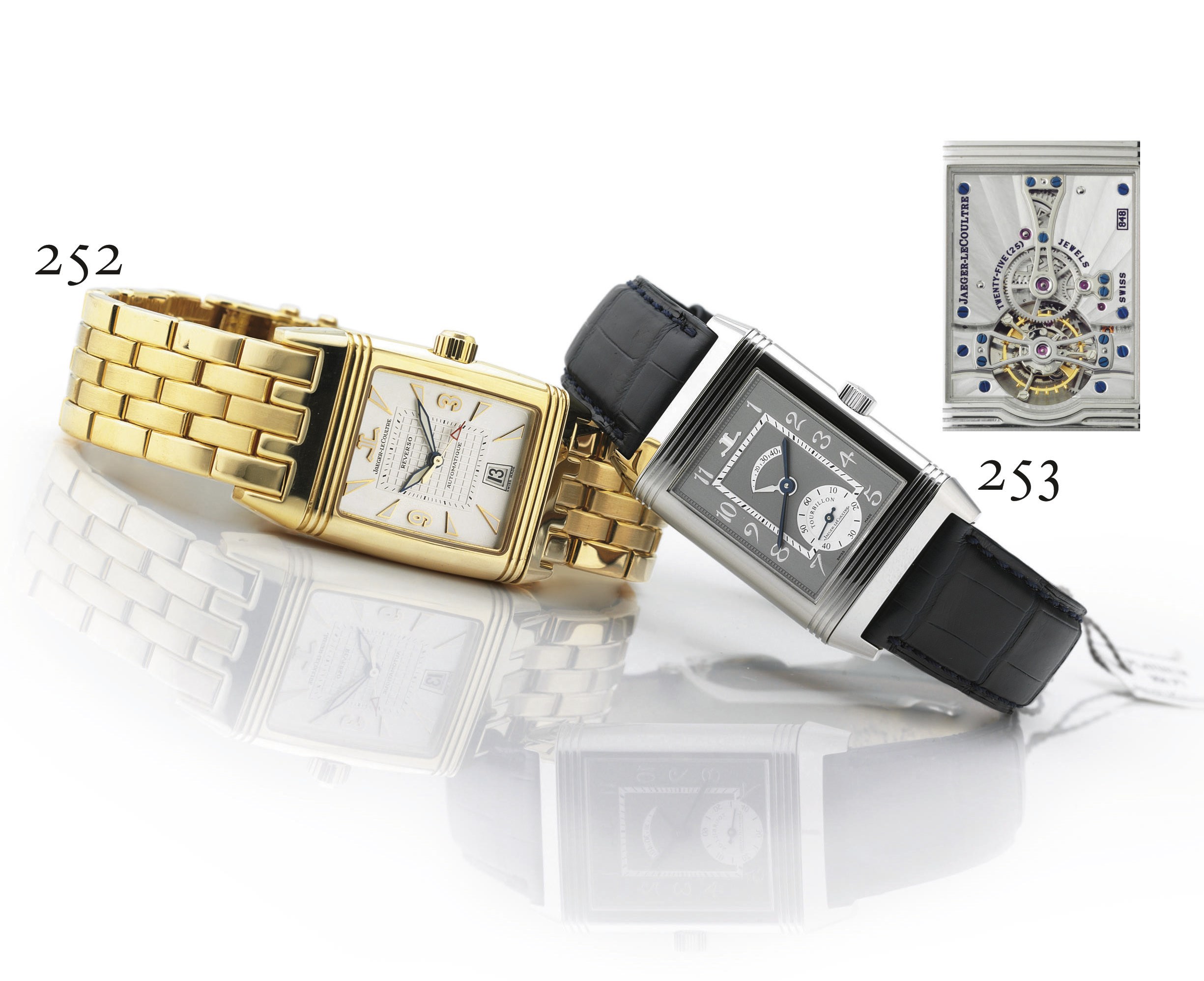 JAEGER-LECOULTRE. AN 18K GOLD RECTANGULAR REVERSIBLE AUTOMATIC WRISTWATCH WITH CENTER SECONDS, DATE AND BRACELET