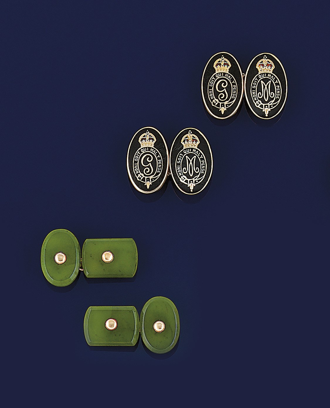 A pair of gold and enamel Royal presentation cufflinks and a pair of nephrite jade cufflinks