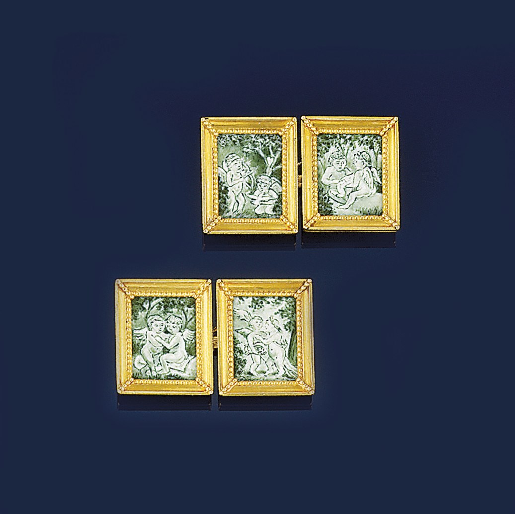 A pair of late 19th century gold and painted enamel cufflinks
