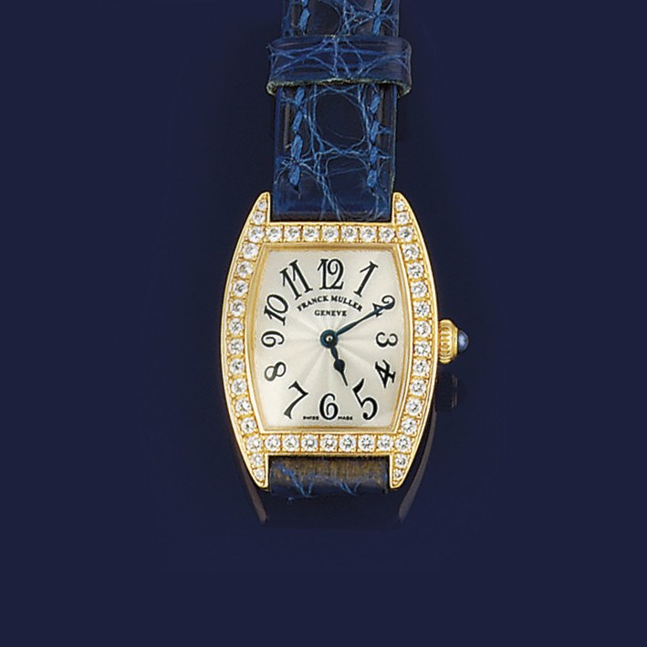 A LADY'S 18CT. GOLD, DIAMOND SET QUARTZ WRISTWATCH, BY FRANCK MULLER