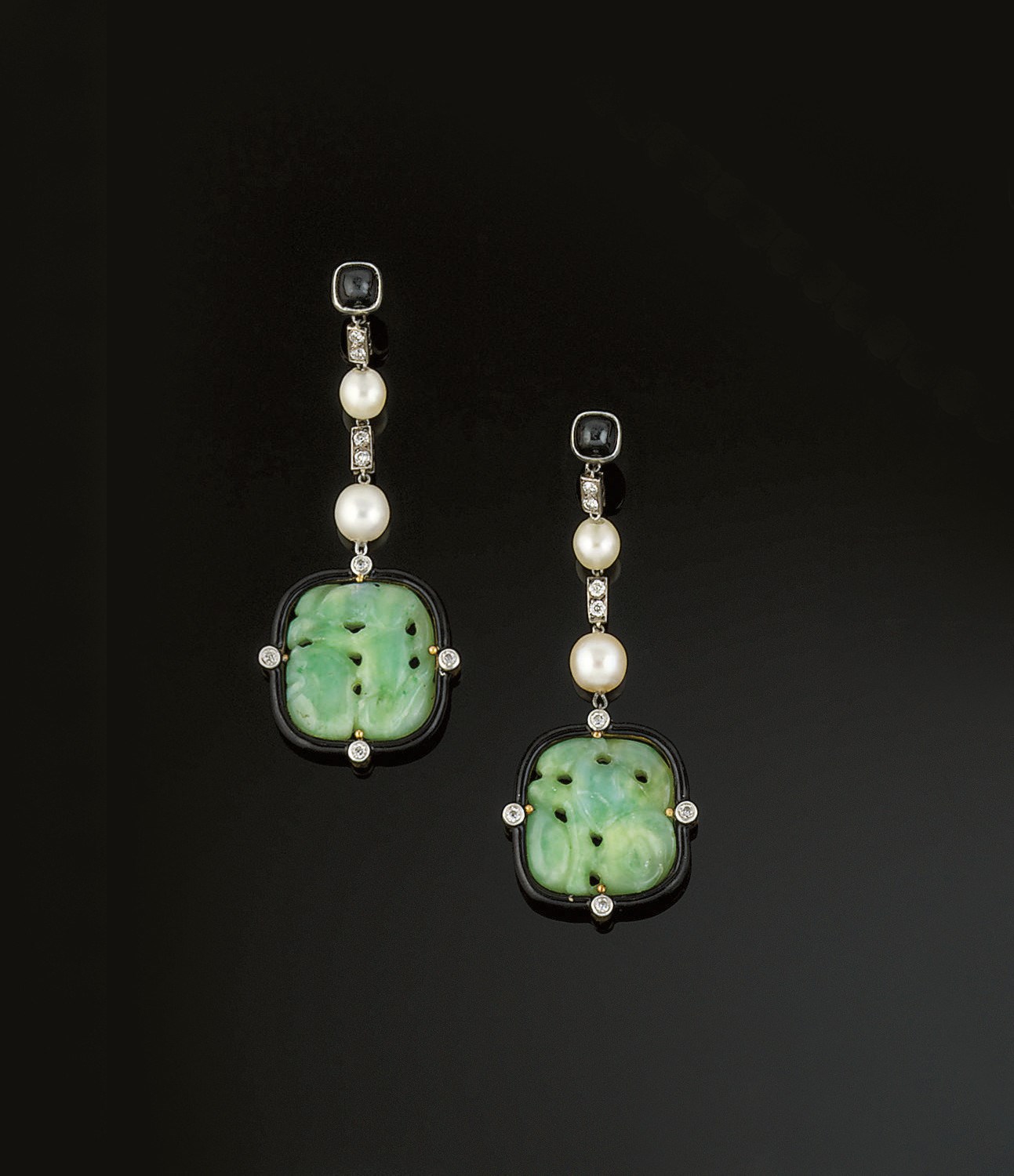 A pair of Art Deco jade diamond onyx and enamel earpendants