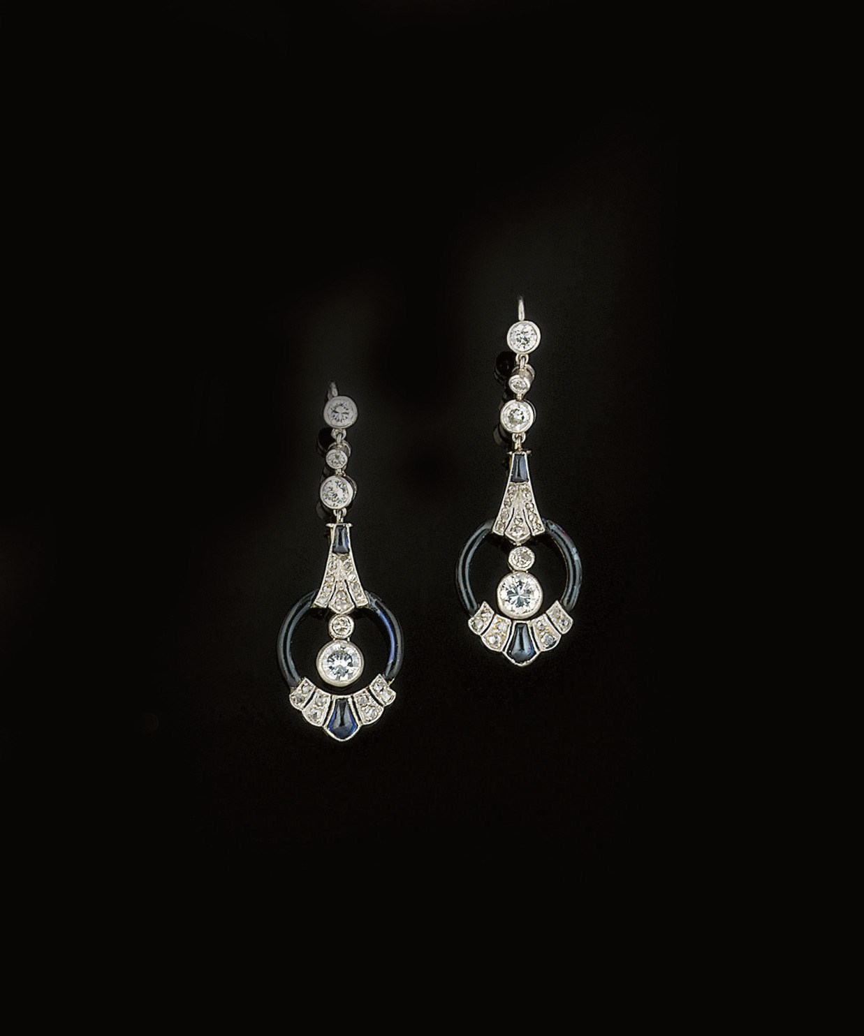 A pair of diamond, sapphire and black enamel earpendants