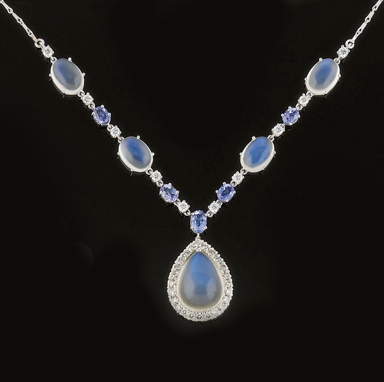 A MOONSTONE, DIAMOND AND TANZANITE NECKLACE