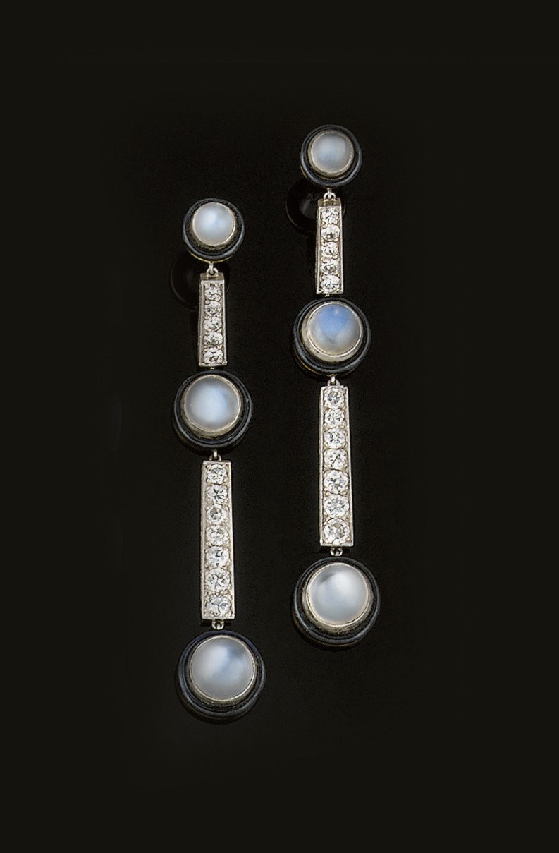 A pair of diamond moonstone and enamel drop earpendants
